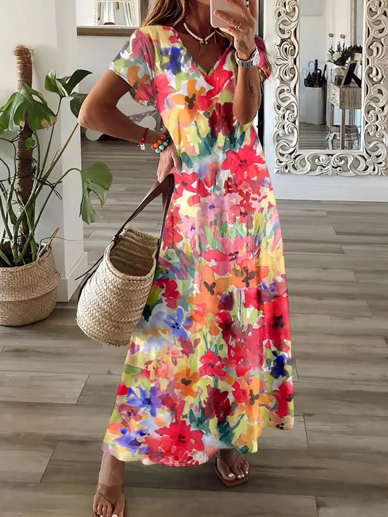 Women Floral Short Sleeve Summer Printing Dress V Neck Daily Casual Maxi X-Line Dress