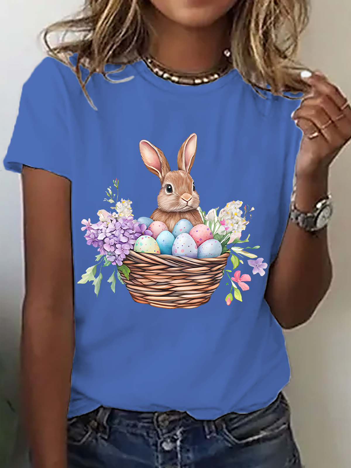 Women Easter (rabbit) Short Sleeve Tee T-shirt Crew Neck Casual Summer Top
