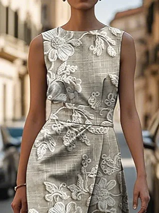 Women Floral Sleeveless Summer Printing Dress Crew Neck Daily Vintage Maxi Shift Dress H-Line Dress