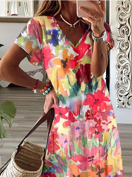 Women Floral Short Sleeve Summer Printing Dress V Neck Daily Casual Maxi X-Line Dress