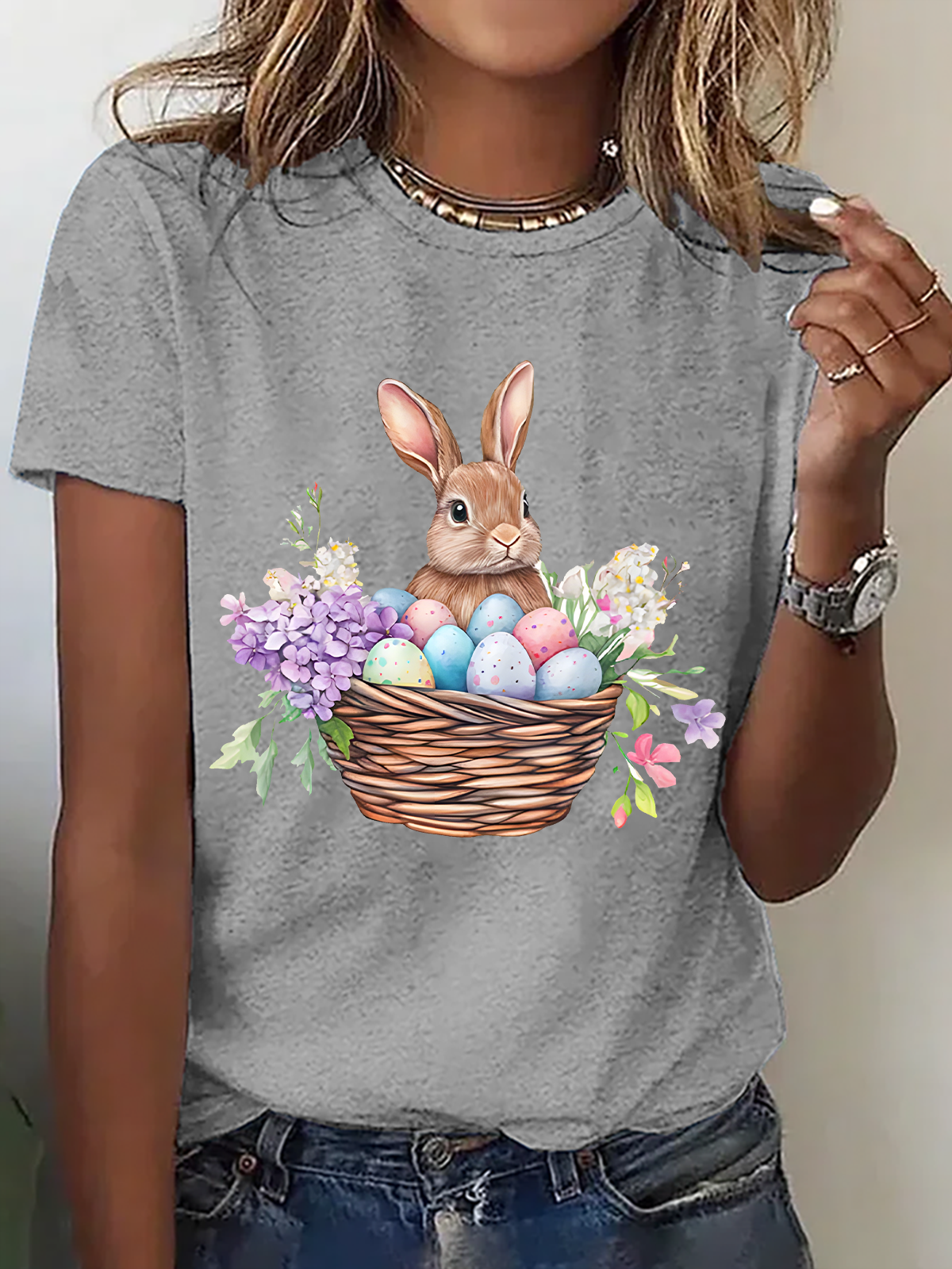 Women Easter (rabbit) Short Sleeve Tee T-shirt Crew Neck Casual Summer Top