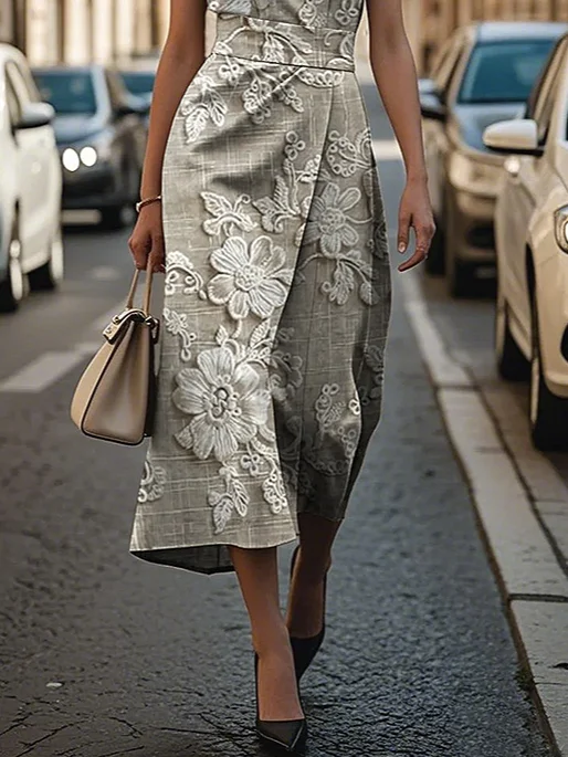 Women Floral Sleeveless Summer Printing Dress Crew Neck Daily Vintage Maxi Shift Dress H-Line Dress