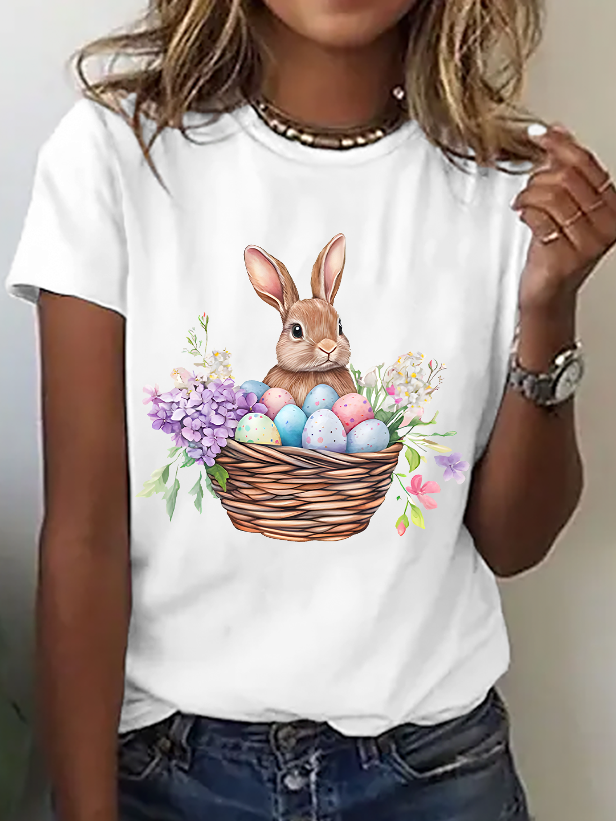 Women Easter (rabbit) Short Sleeve Tee T-shirt Crew Neck Casual Summer Top