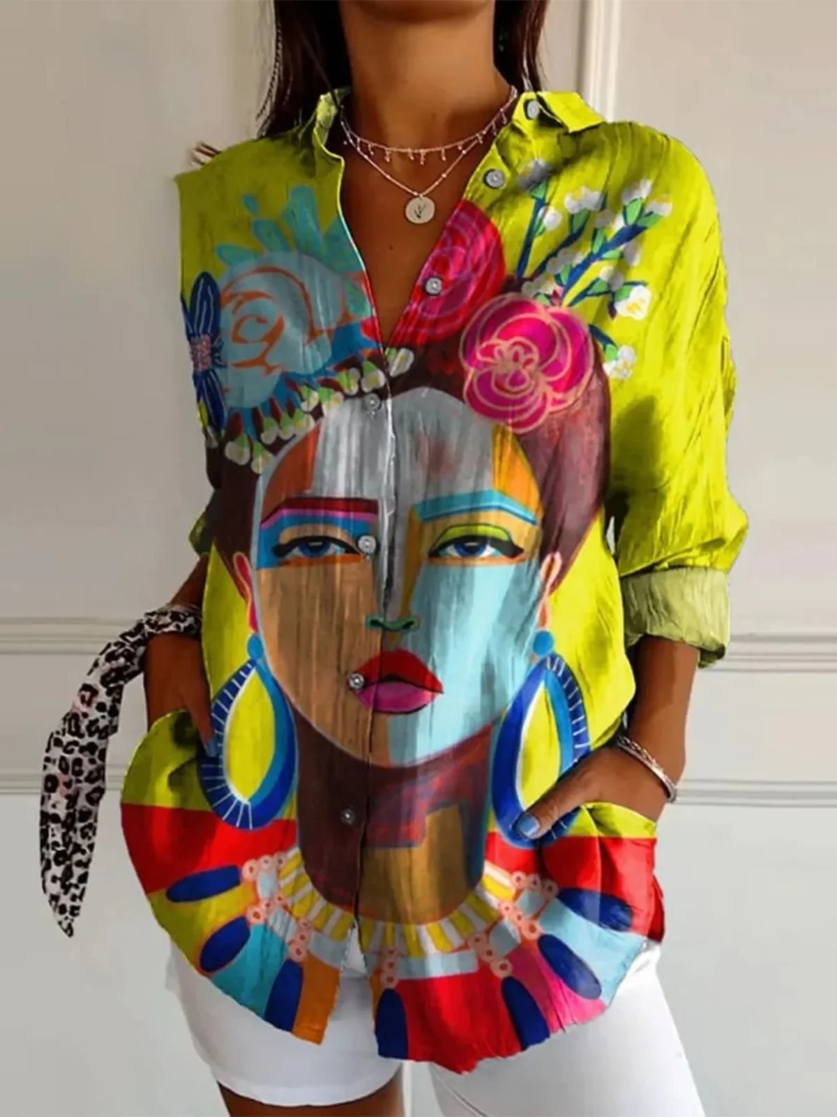 Women Figure Long Sleeve Shirt Spring/Fall Shirt Collar Daily Casual Top