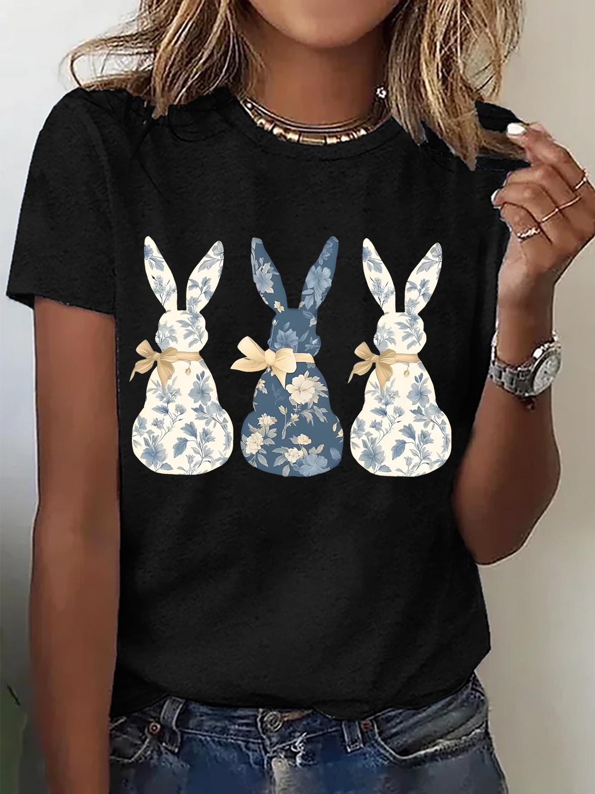 Women Rabbit Short Sleeve Tee T-shirt Crew Neck Casual Summer Top