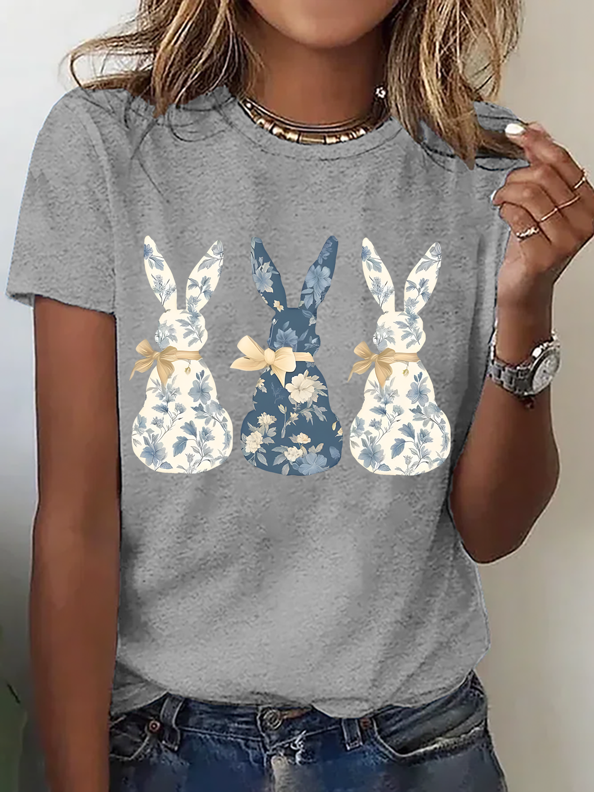 Women Rabbit Short Sleeve Tee T-shirt Crew Neck Casual Summer Top