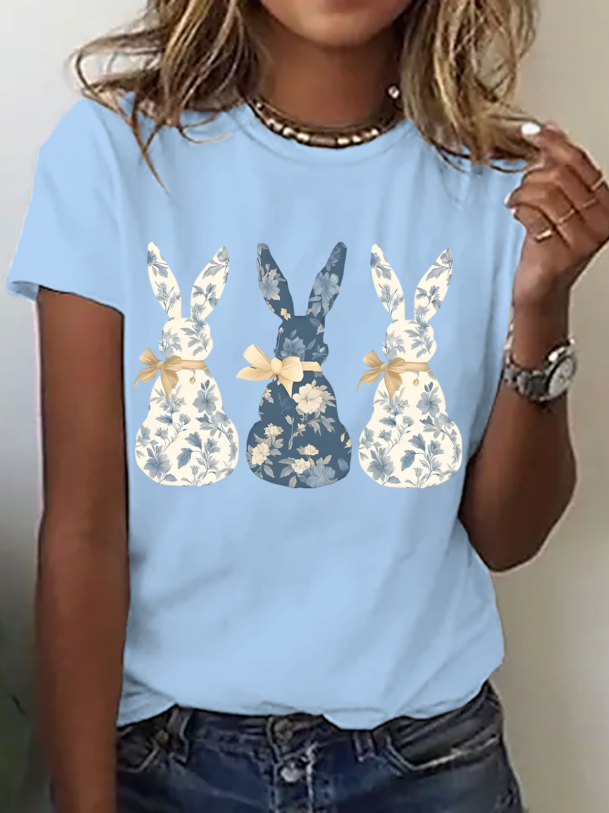 Women Rabbit Short Sleeve Tee T-shirt Crew Neck Casual Summer Top