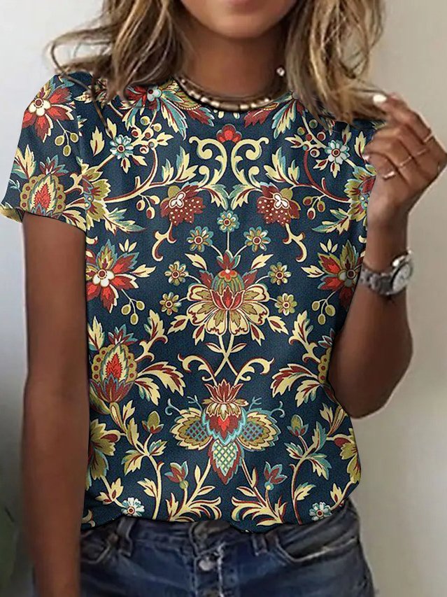 Women Floral Short Sleeve Tee T-shirt Crew Neck Casual Summer Top