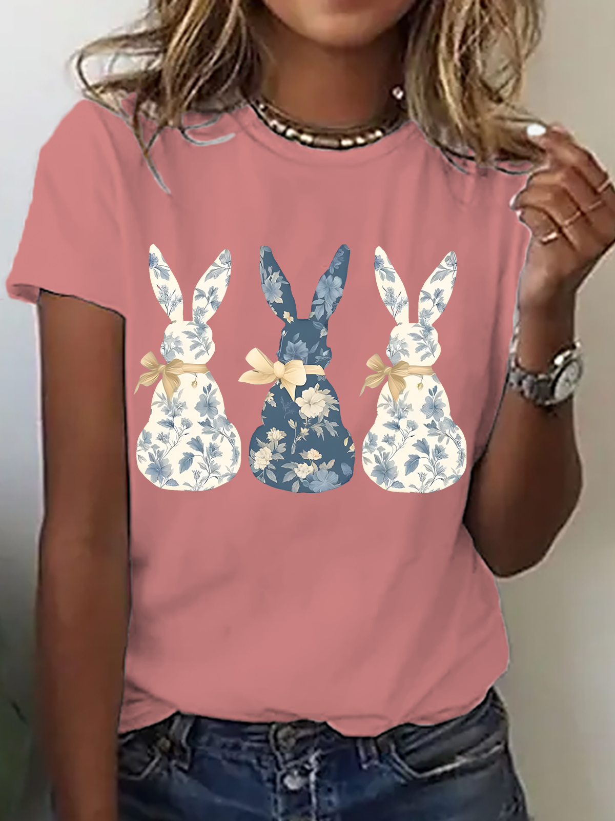 Women Rabbit Short Sleeve Tee T-shirt Crew Neck Casual Summer Top