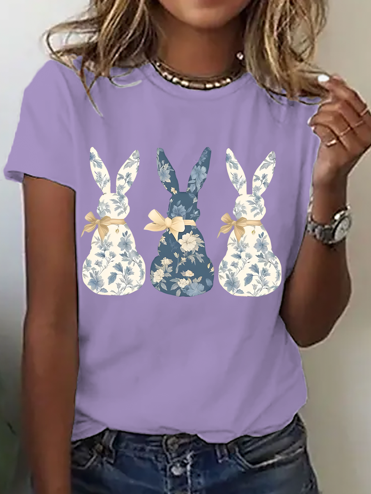 Women Rabbit Short Sleeve Tee T-shirt Crew Neck Casual Summer Top