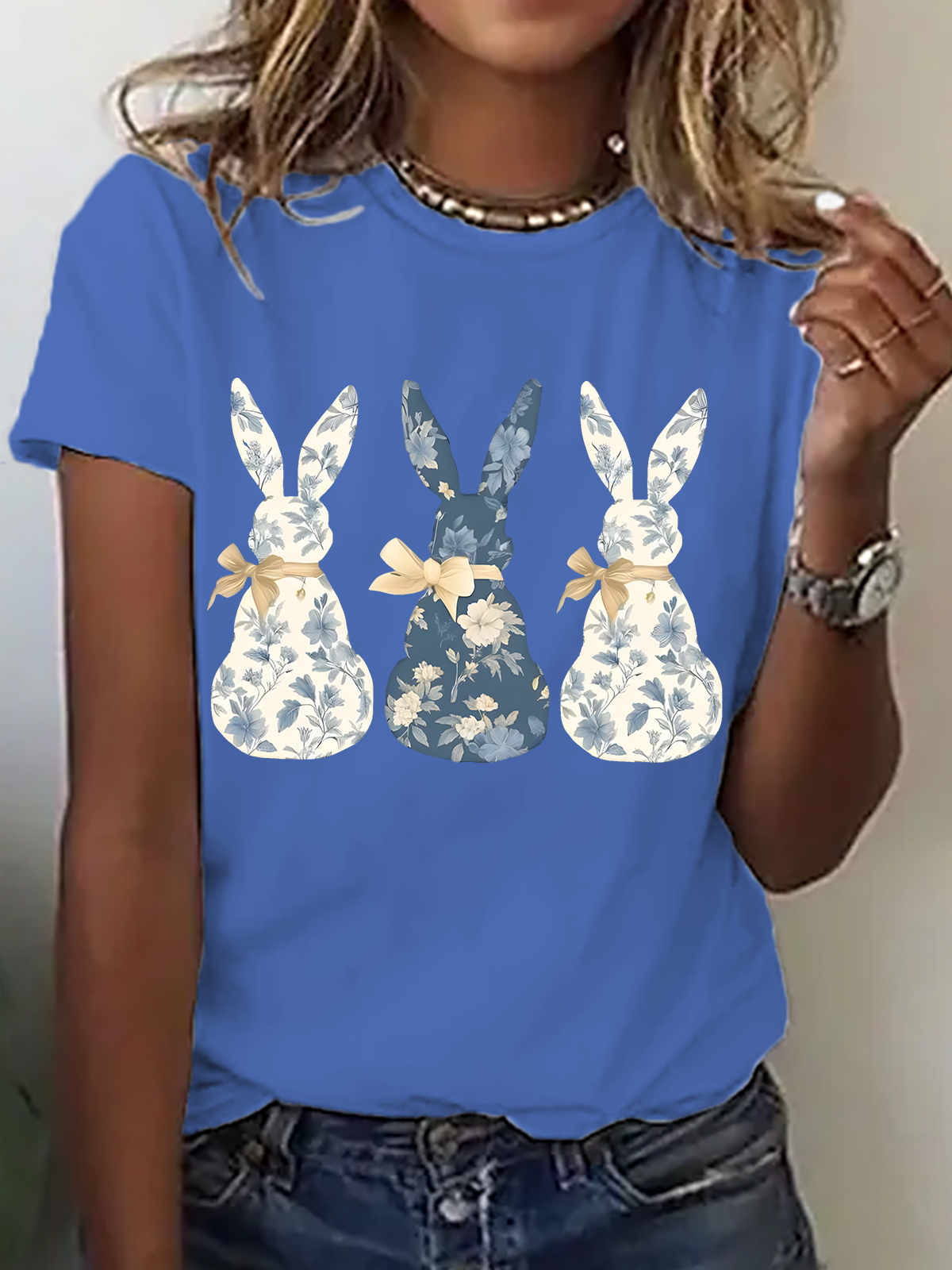 Women Rabbit Short Sleeve Tee T-shirt Crew Neck Casual Summer Top