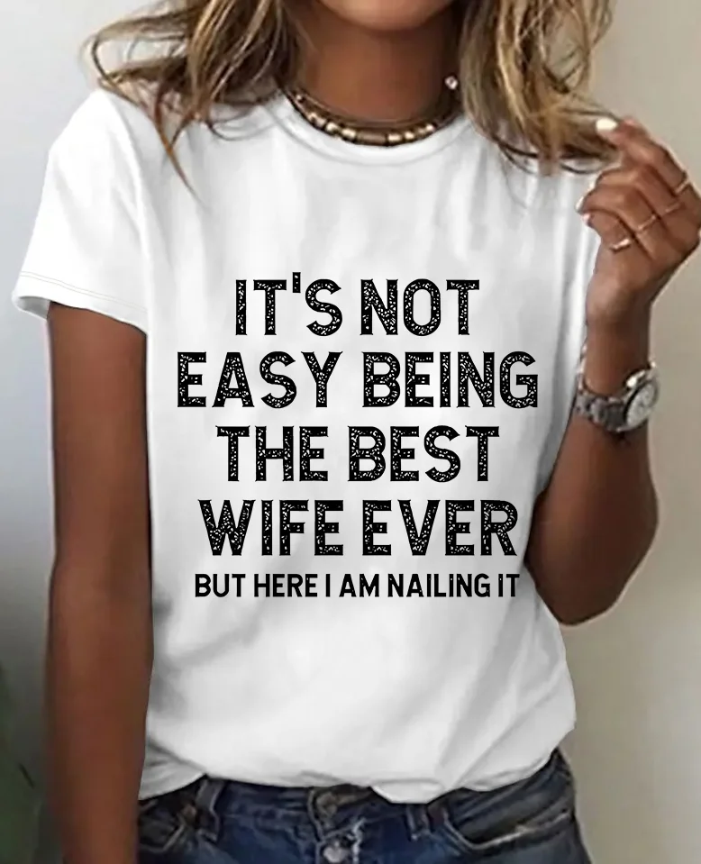 Women Text Letters Short Sleeve Tee T-shirt Crew Neck Casual Summer Top