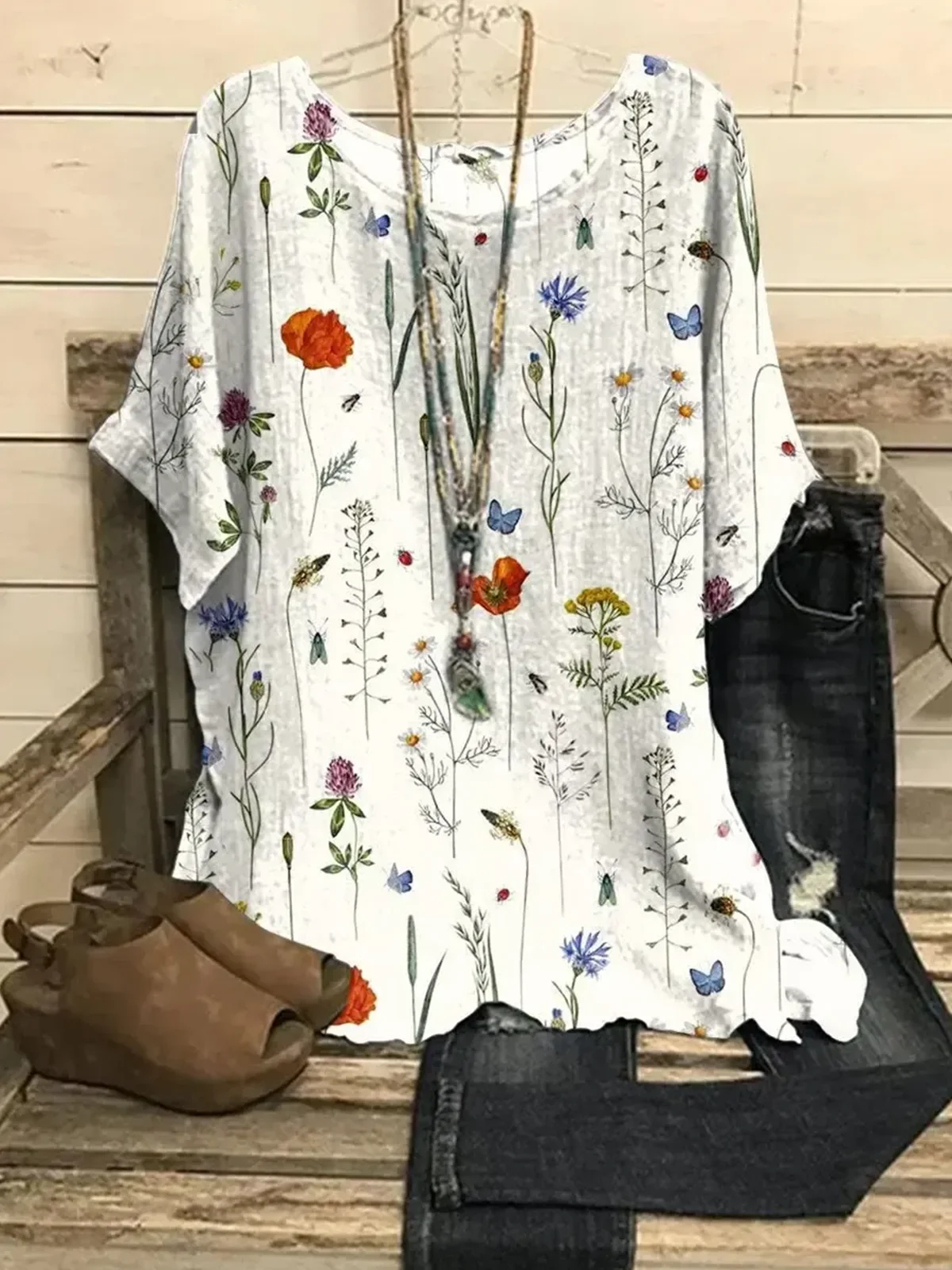 Women Floral Three Quarter Sleeve Tee T-shirt Crew Neck Vintage Spring/Fall Top
