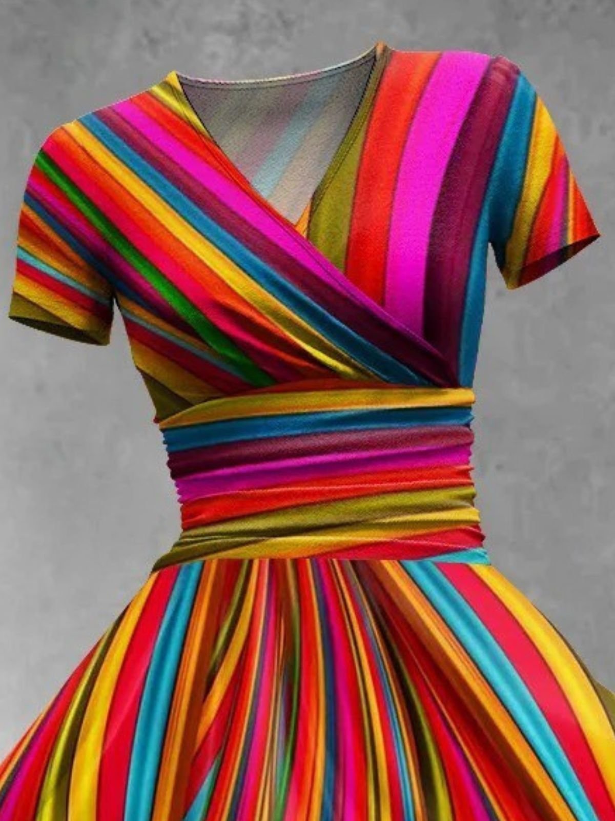 Women Striped Short Sleeve Summer Dress V Neck Daily Vintage Maxi A-Line Dress