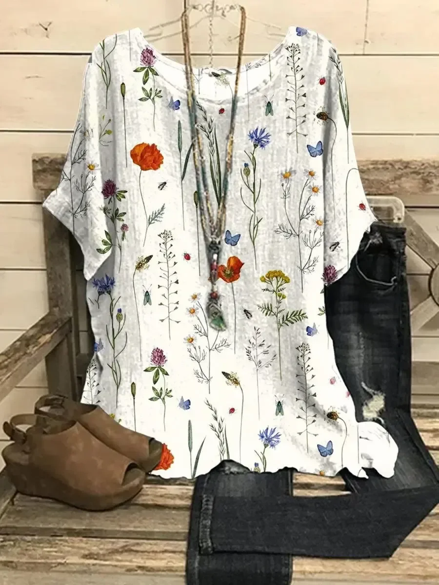 Women Floral Three Quarter Sleeve Tee T-shirt Crew Neck Vintage Spring/Fall Top
