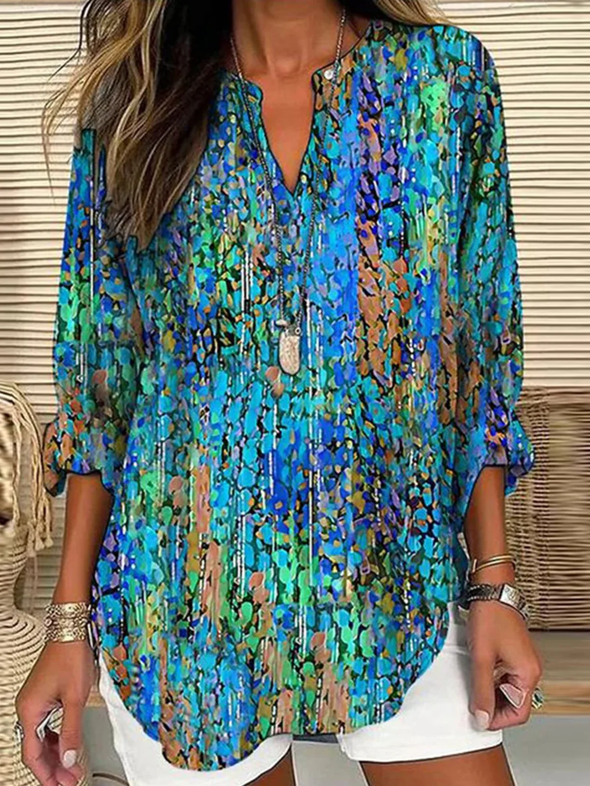 Women Geometric Half Sleeve Blouse Summer Shawl Collar Daily Casual Top