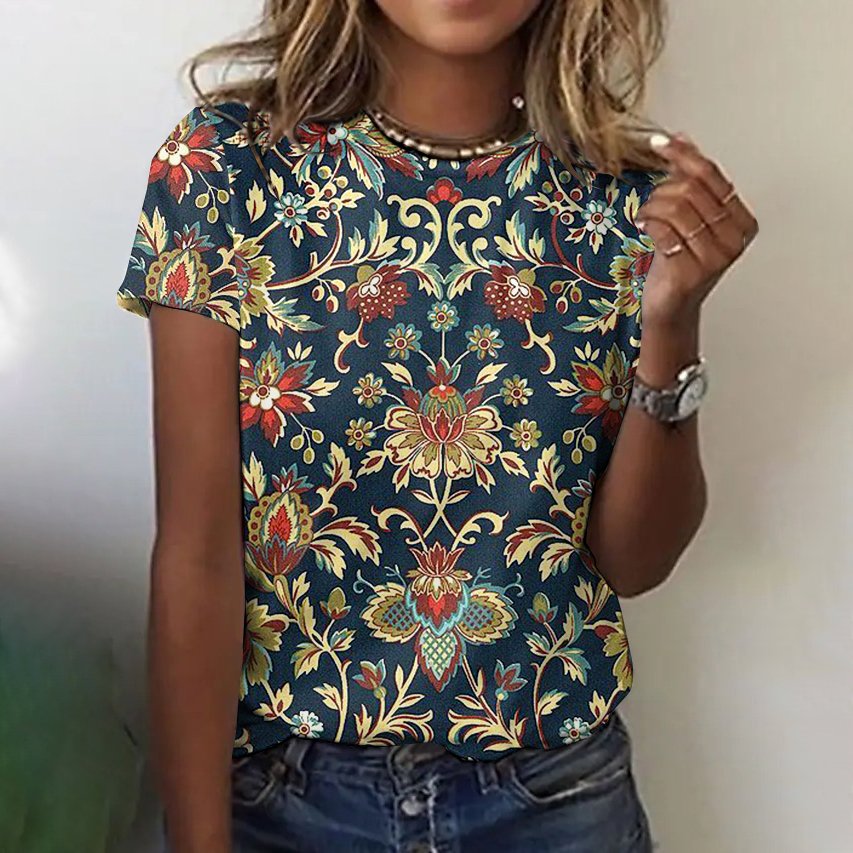 Women Floral Short Sleeve Tee T-shirt Crew Neck Casual Summer Top