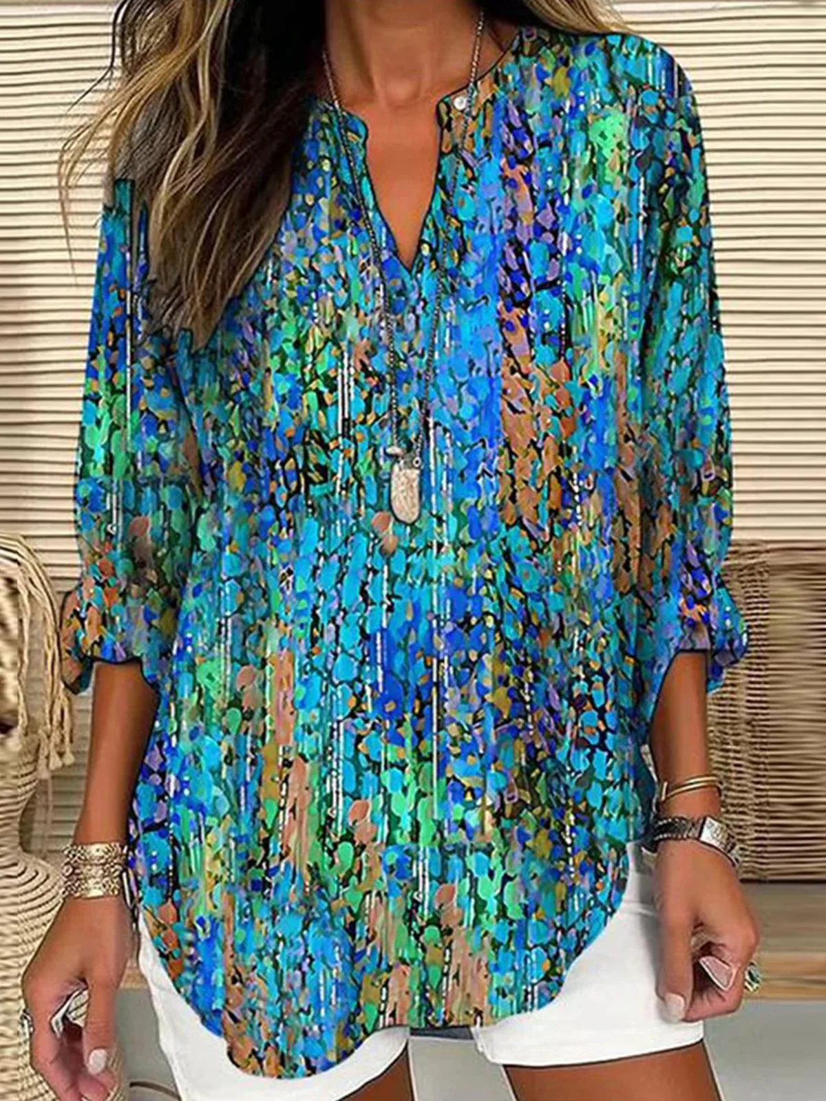 Women Geometric Half Sleeve Blouse Summer Shawl Collar Daily Casual Top