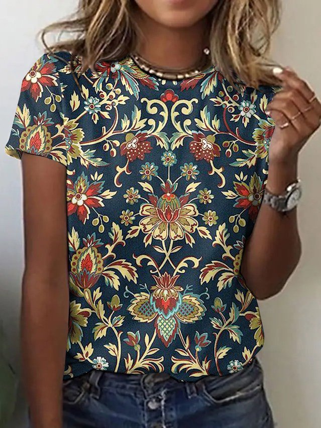 Women Floral Short Sleeve Tee T-shirt Crew Neck Casual Summer Top