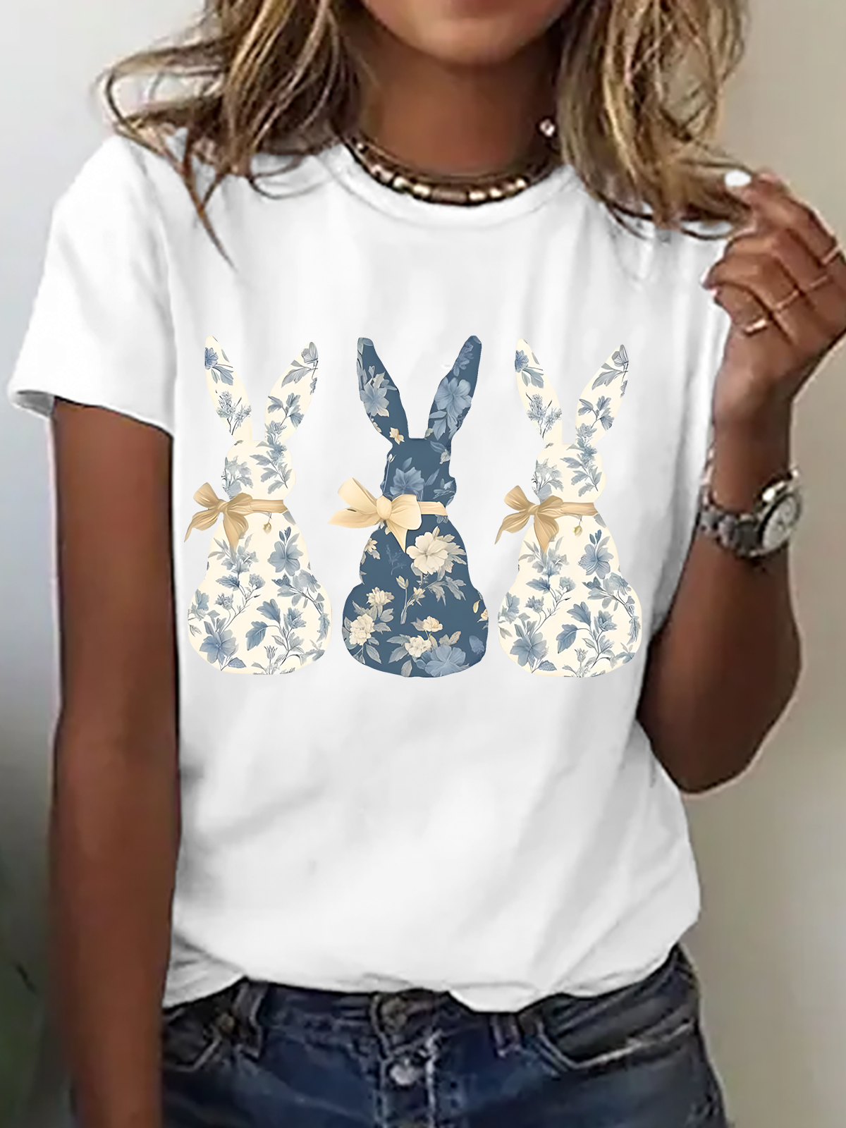Women Rabbit Short Sleeve Tee T-shirt Crew Neck Casual Summer Top