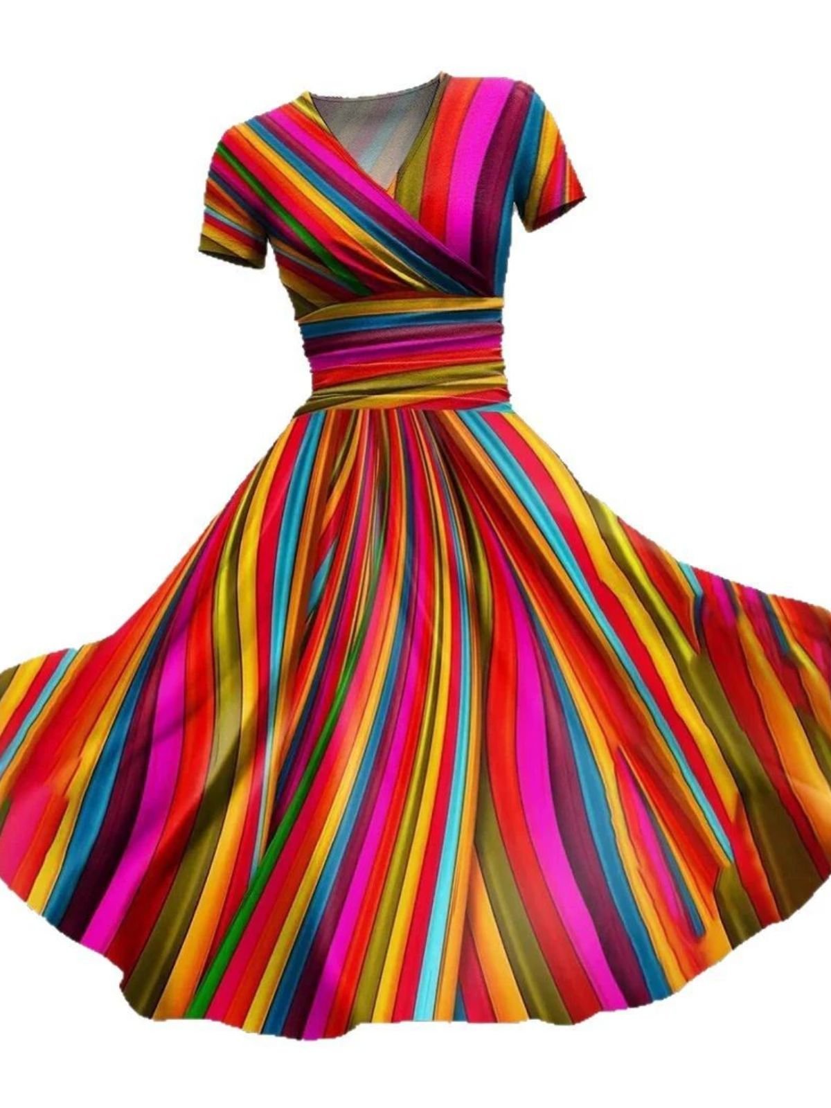 Women Striped Short Sleeve Summer Dress V Neck Daily Vintage Maxi A-Line Dress