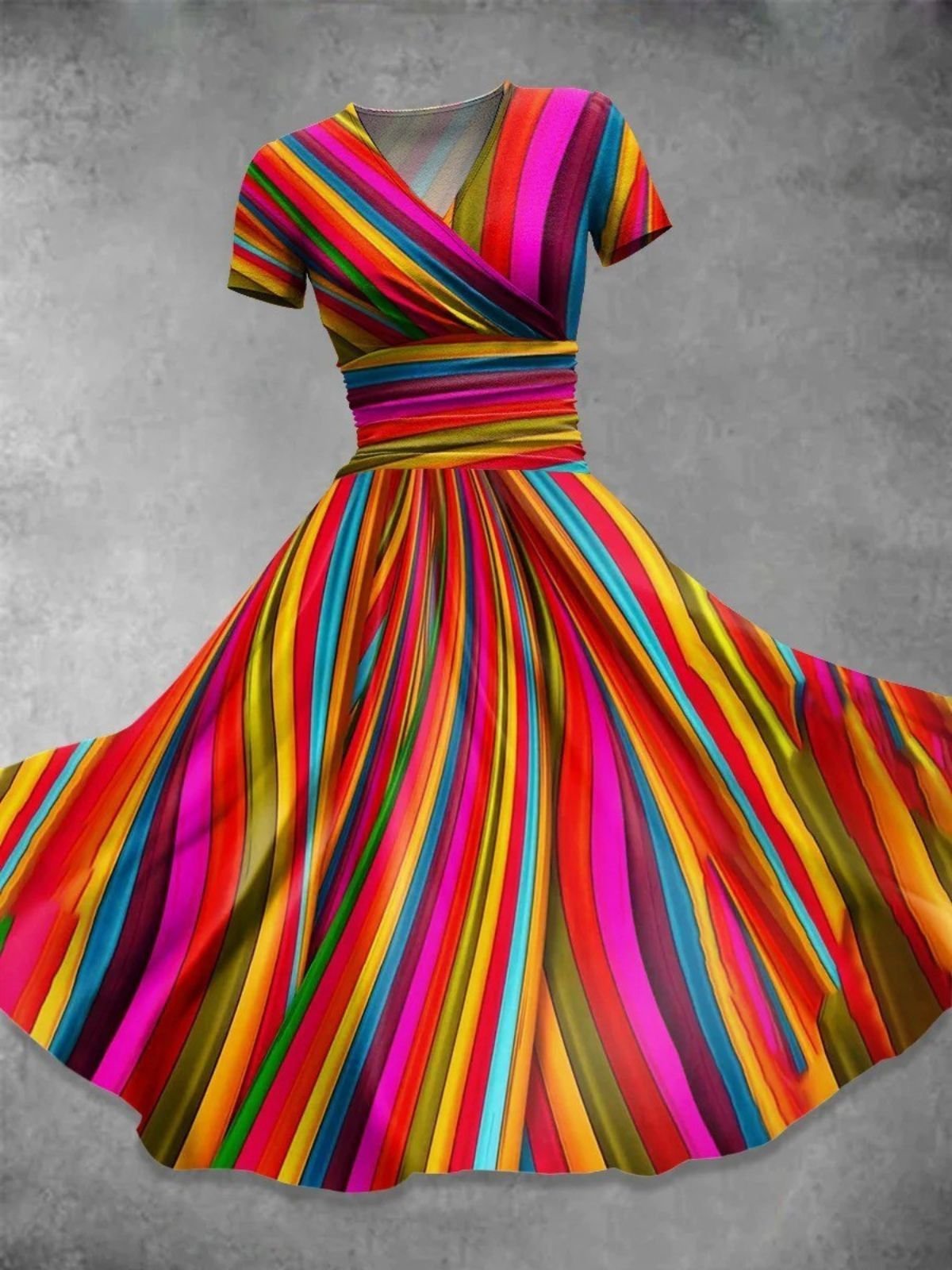 Women Striped Short Sleeve Summer Dress V Neck Daily Vintage Maxi A-Line Dress