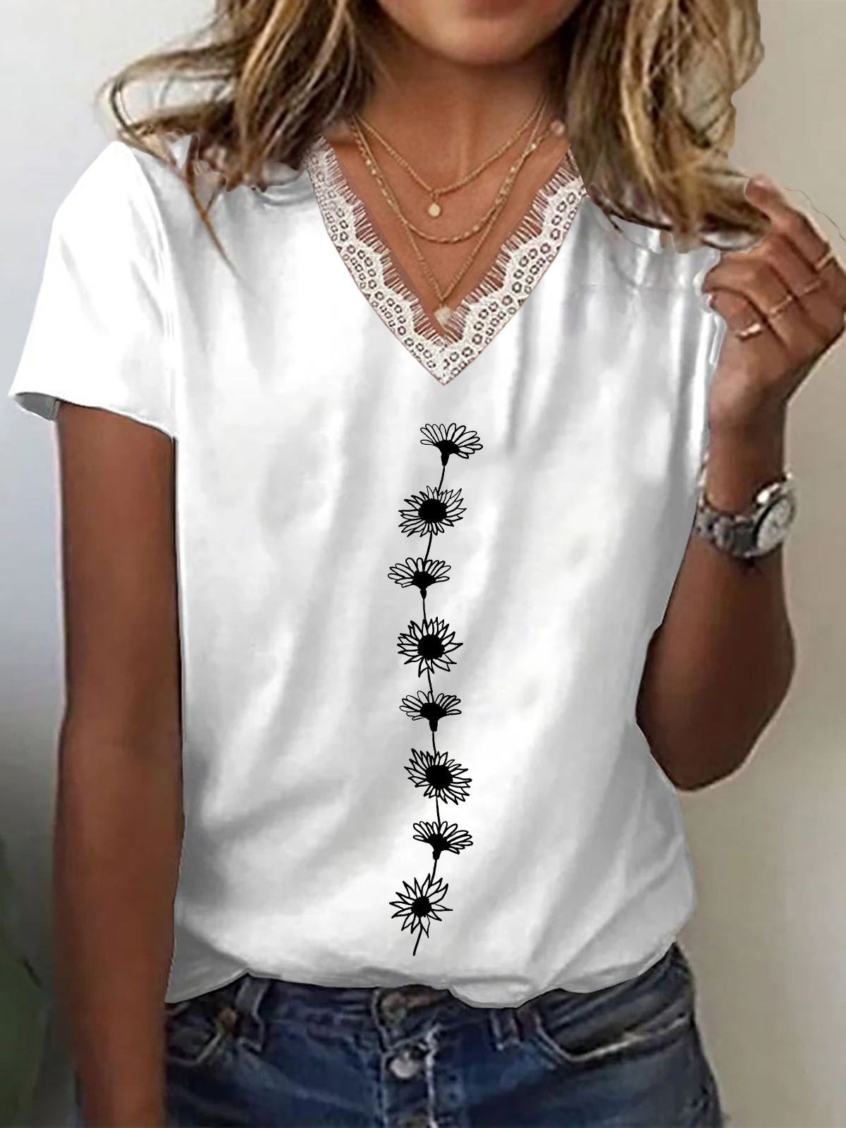 Women Floral Short Sleeve Tee T-shirt V Neck Printing Casual Summer Graphic Tee Top