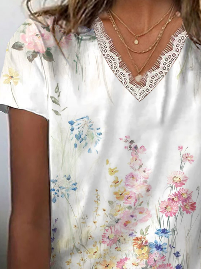 Women Floral Short Sleeve Tee T-shirt V Neck Printing Casual Summer Graphic Tee Top