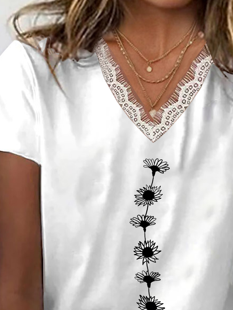 Women Floral Short Sleeve Tee T-shirt V Neck Printing Casual Summer Graphic Tee Top