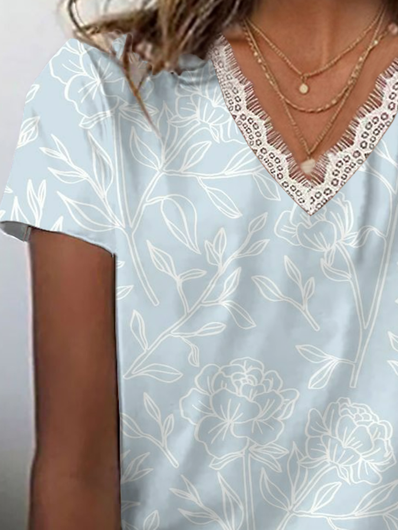 Women Floral Short Sleeve Tee T-shirt V Neck Printing Casual Summer Graphic Tee Top