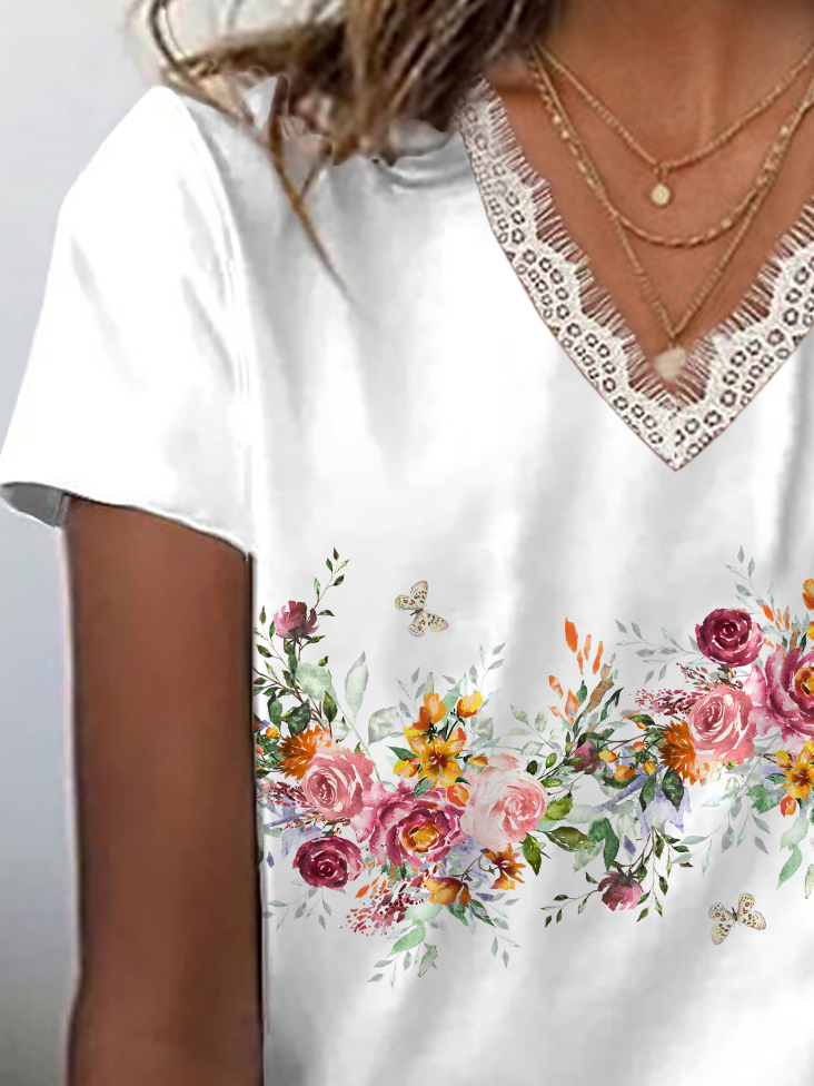 Women Floral Short Sleeve Tee T-shirt V Neck Printing Casual Summer Graphic Tee Top