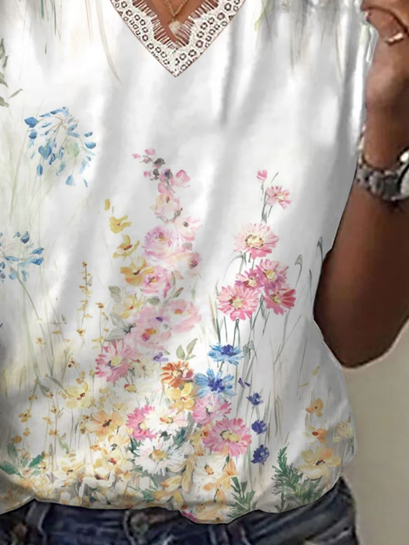 Women Floral Short Sleeve Tee T-shirt V Neck Printing Casual Summer Graphic Tee Top