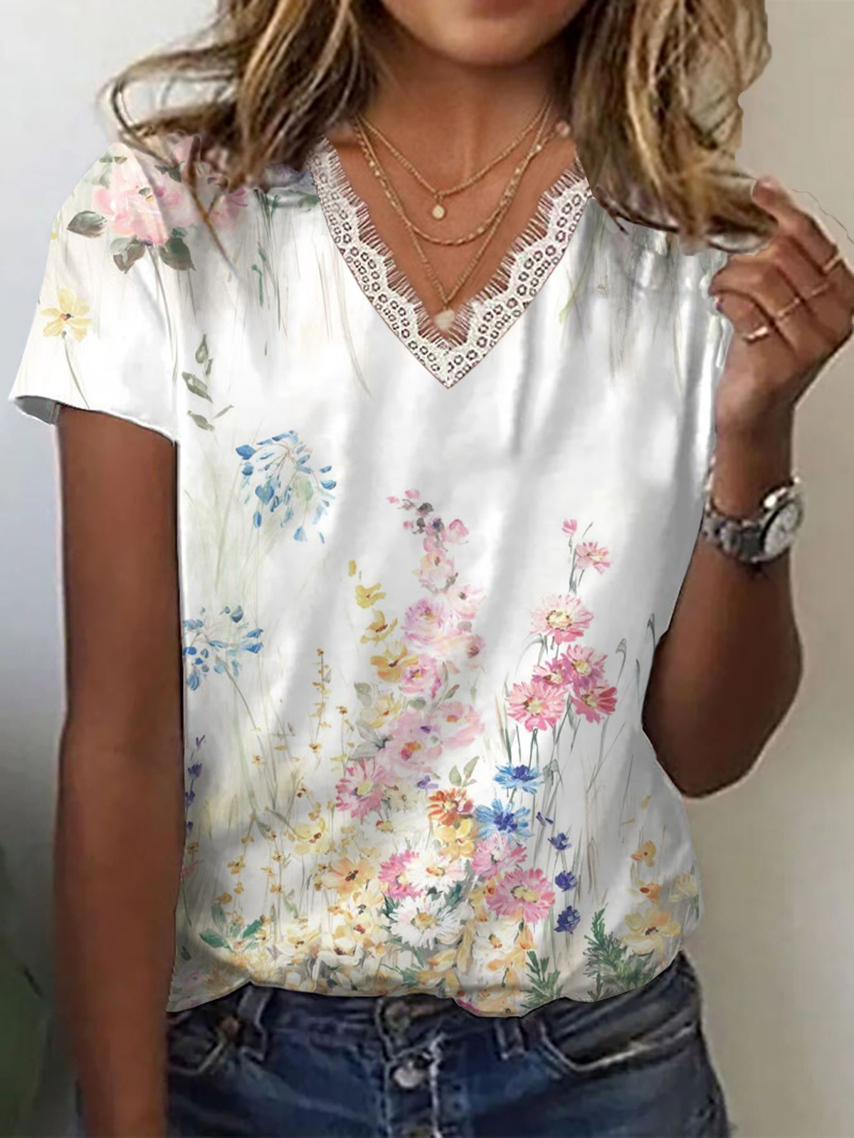 Women Floral Short Sleeve Tee T-shirt V Neck Printing Casual Summer Graphic Tee Top