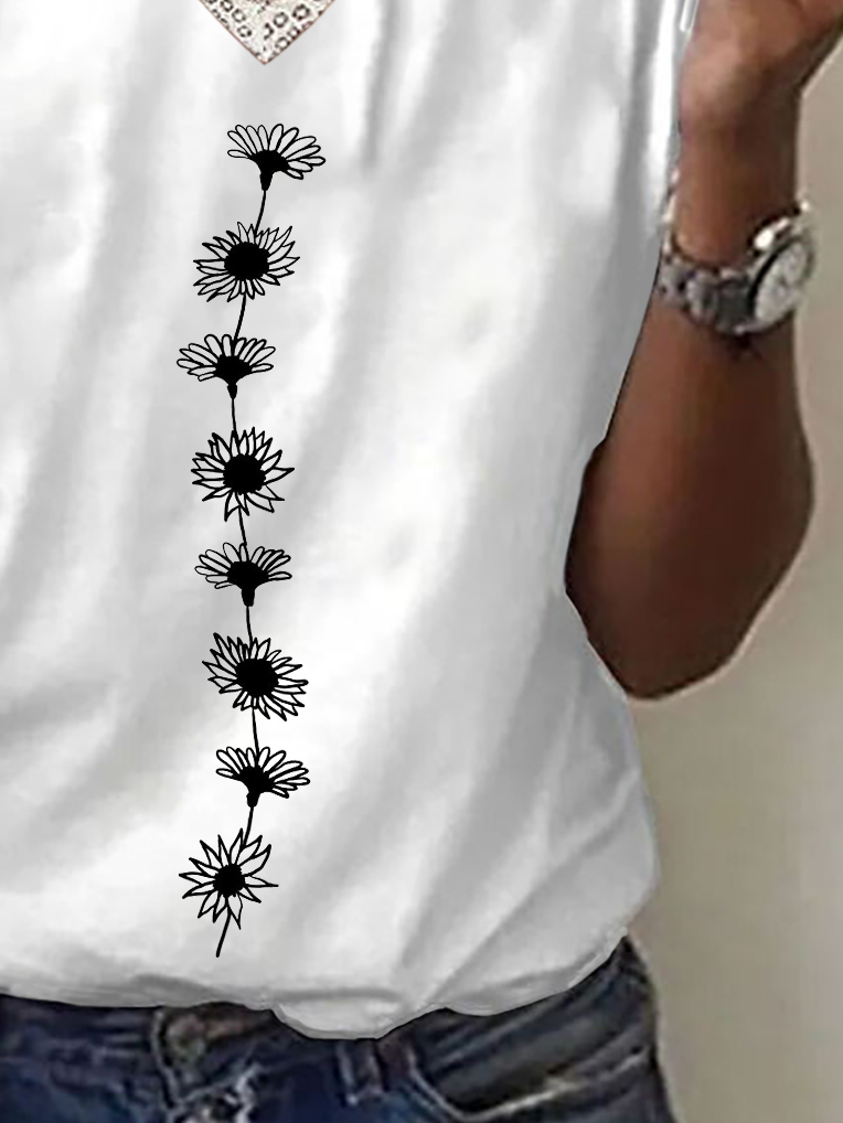 Women Floral Short Sleeve Tee T-shirt V Neck Printing Casual Summer Graphic Tee Top
