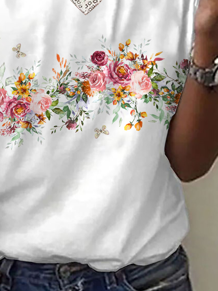 Women Floral Short Sleeve Tee T-shirt V Neck Printing Casual Summer Graphic Tee Top