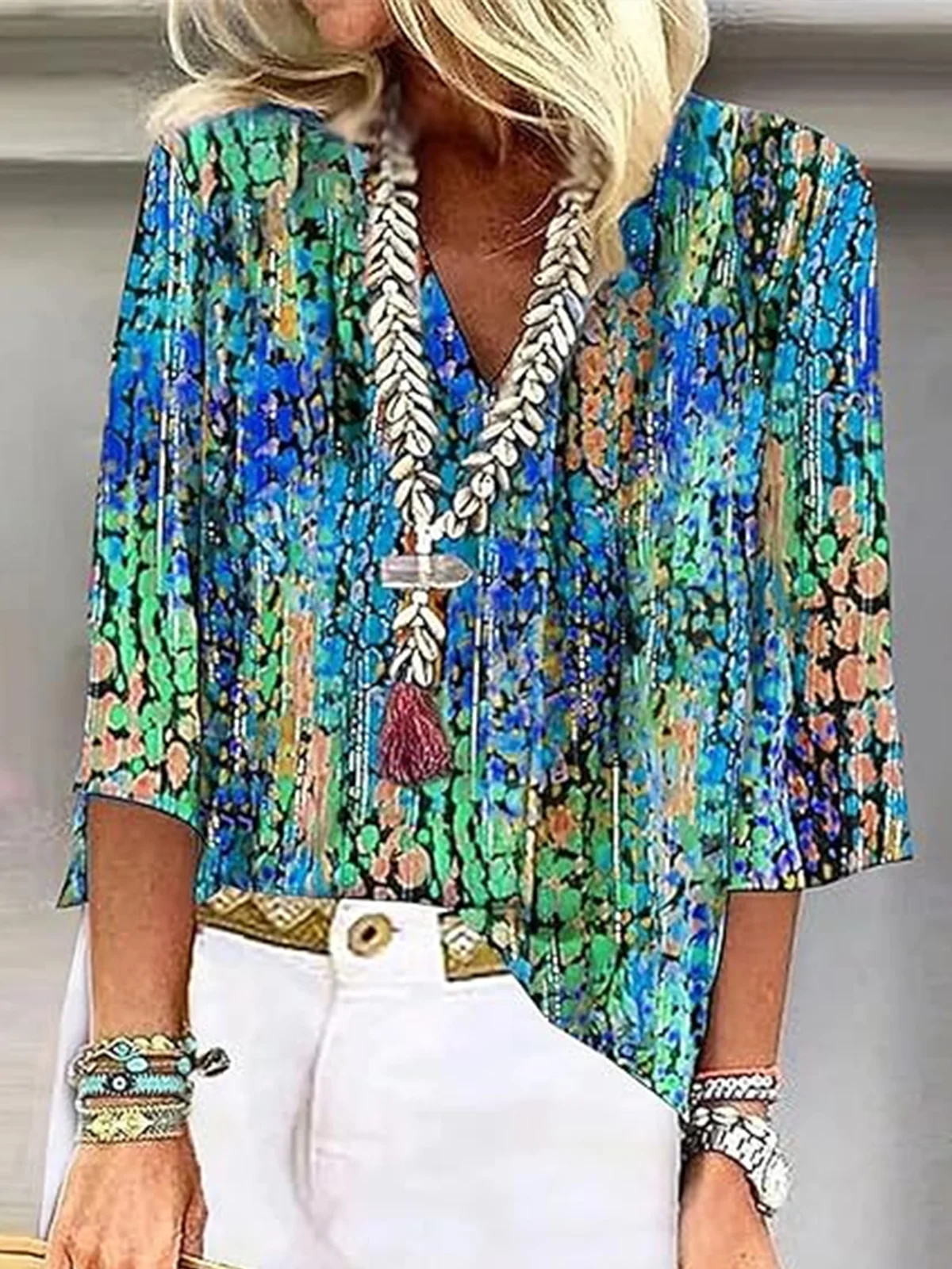 Women Geometric Half Sleeve Blouse Summer Shawl Collar Daily Casual Top