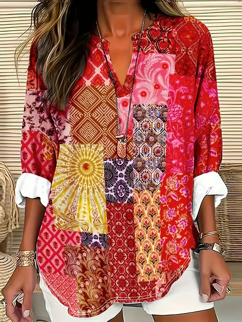 Women Floral Half Sleeve Blouse Summer Shawl Collar Daily Casual Top
