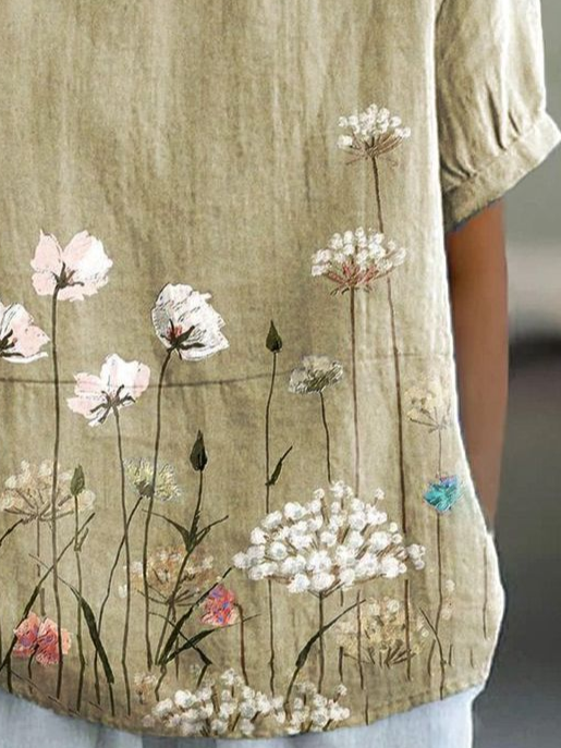 Women Floral Short Sleeve Shirt Summer Printing Shawl Collar Daily Casual Top