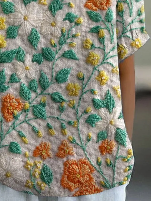 Women Floral Short Sleeve Shirt Summer Printing Shawl Collar Daily Casual Top