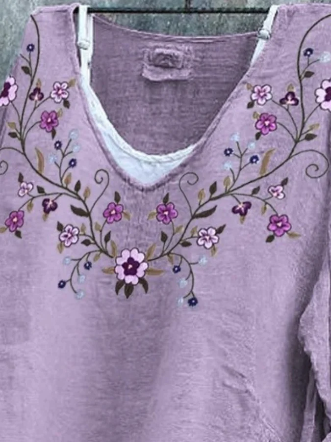 Women Floral Long Sleeve Tee T-shirt V Neck Vintage Spring/Fall Top