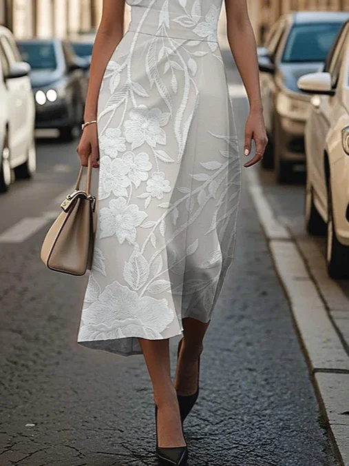Women Floral Sleeveless Summer Printing Dress Crew Neck Daily Vintage Maxi Shift Dress H-Line Dress