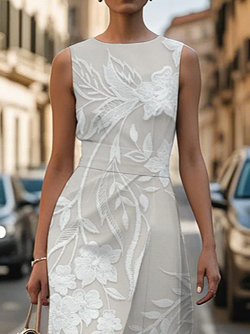 Women Floral Sleeveless Summer Printing Dress Crew Neck Daily Vintage Maxi Shift Dress H-Line Dress