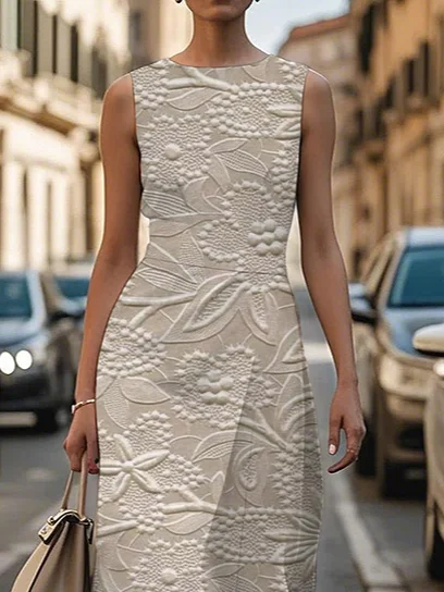 Women Floral Sleeveless Summer Printing Dress Crew Neck Daily Vintage Maxi Shift Dress H-Line Dress