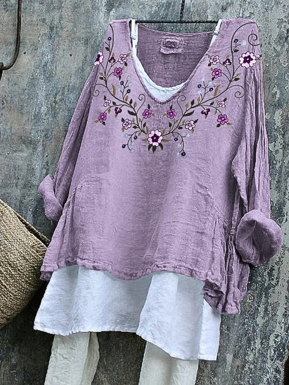 Women Floral Long Sleeve Tee T-shirt V Neck Vintage Spring/Fall Top