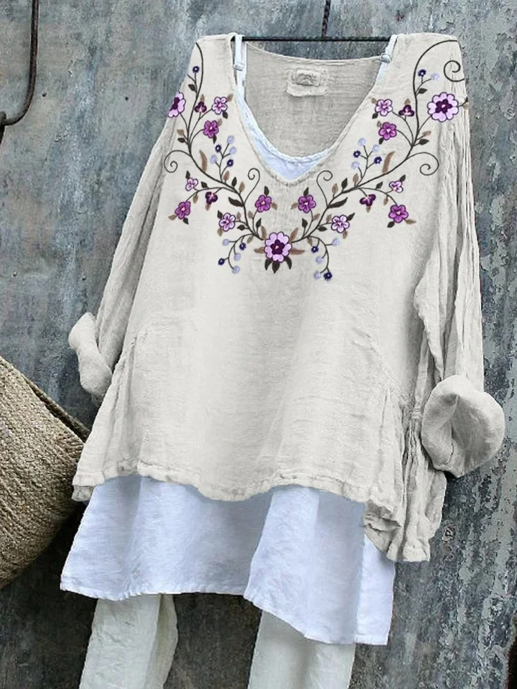 Women Floral Long Sleeve Tee T-shirt V Neck Vintage Spring/Fall Top