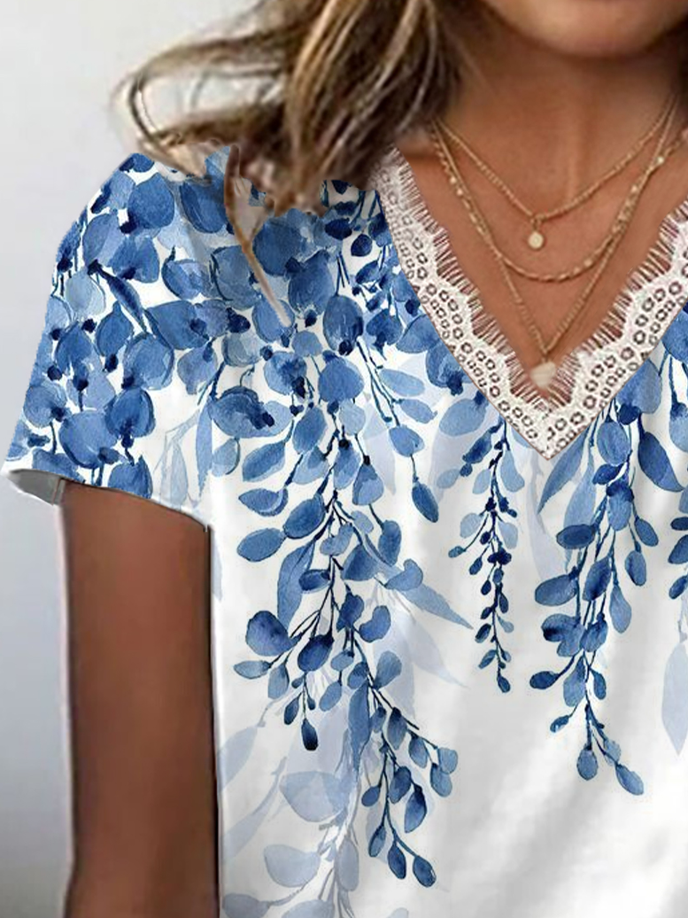 Women Floral Short Sleeve Tee T-shirt V Neck Printing Casual Summer Graphic Tee Top