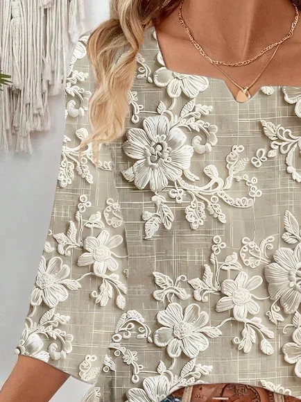 Women Floral Three Quarter Sleeve Blouse Spring/Fall Printing Notched Daily Casual Top