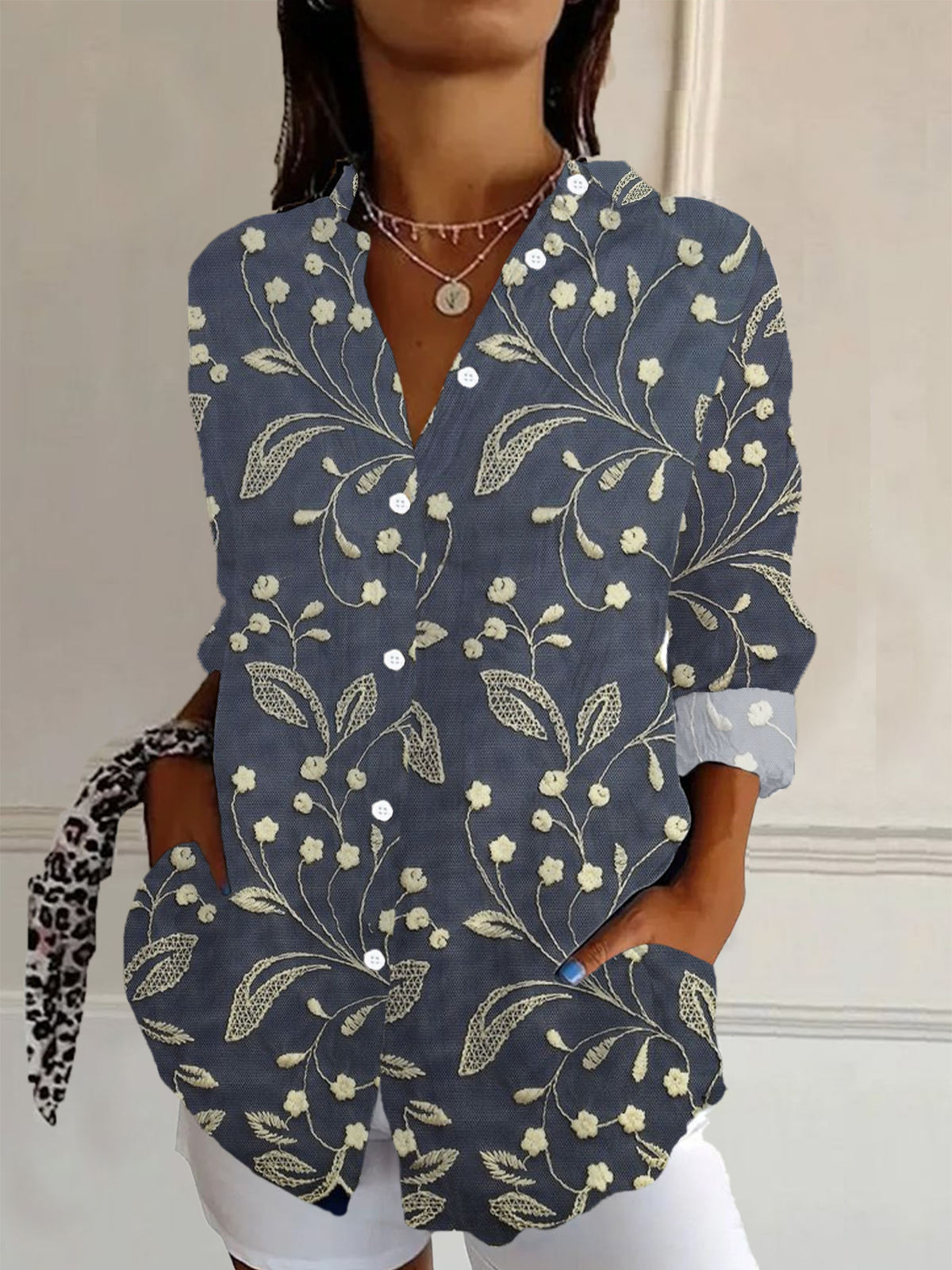 Women Floral Long Sleeve Shirt Spring/Fall Buckle Shirt Collar Daily Casual Top