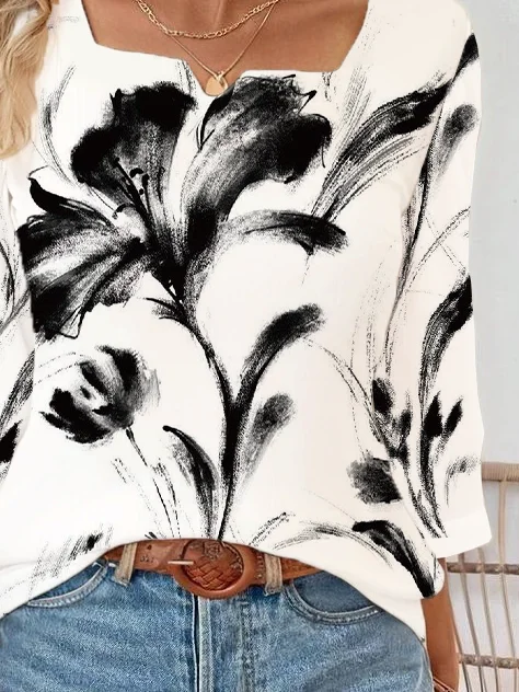 Women Floral Three Quarter Sleeve Blouse Spring/Fall Printing Notched Daily Casual Top