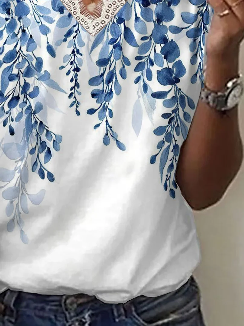 Women Floral Short Sleeve Tee T-shirt V Neck Printing Casual Summer Graphic Tee Top